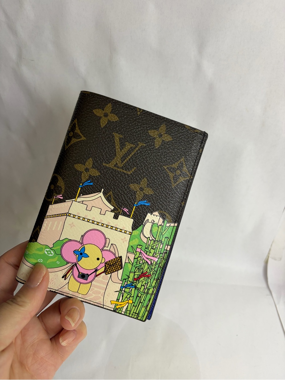 Louis Vuitton Monogram Passport Cover with Pink Character and Green Scene